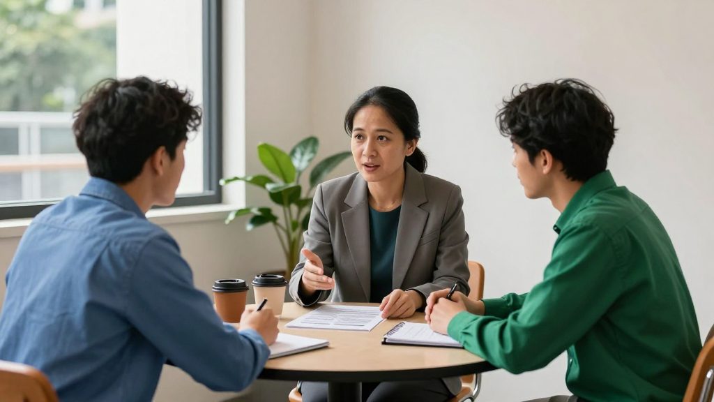 An academic advisor talking a prospective student through a programme outline across a meeting table