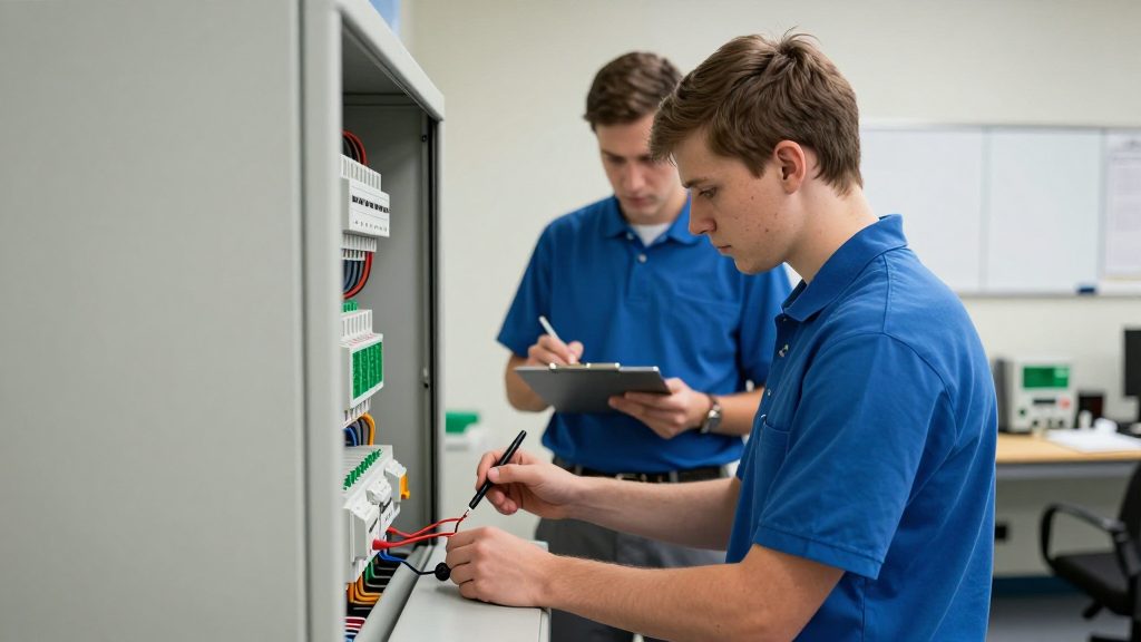 An assessor observing a student probe a control panel terminal during a practical competency assessment