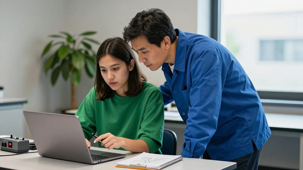 A senior engineer mentoring a student at a laboratory workstation