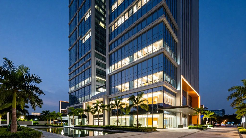 A modern smart commercial building at dusk, the class of system these disciplines are designed around