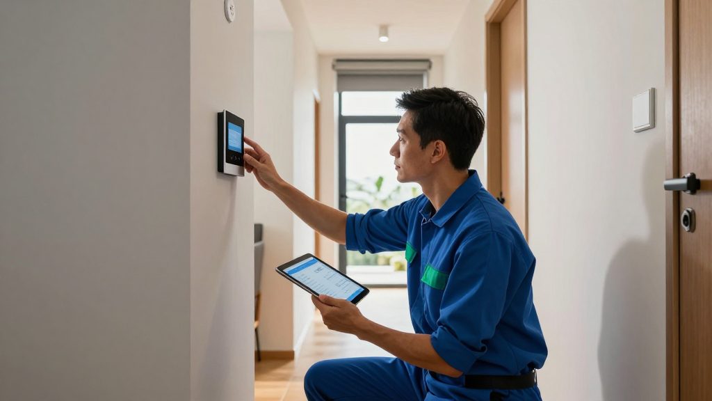A technician commissioning a smart-home control panel in a modern residence